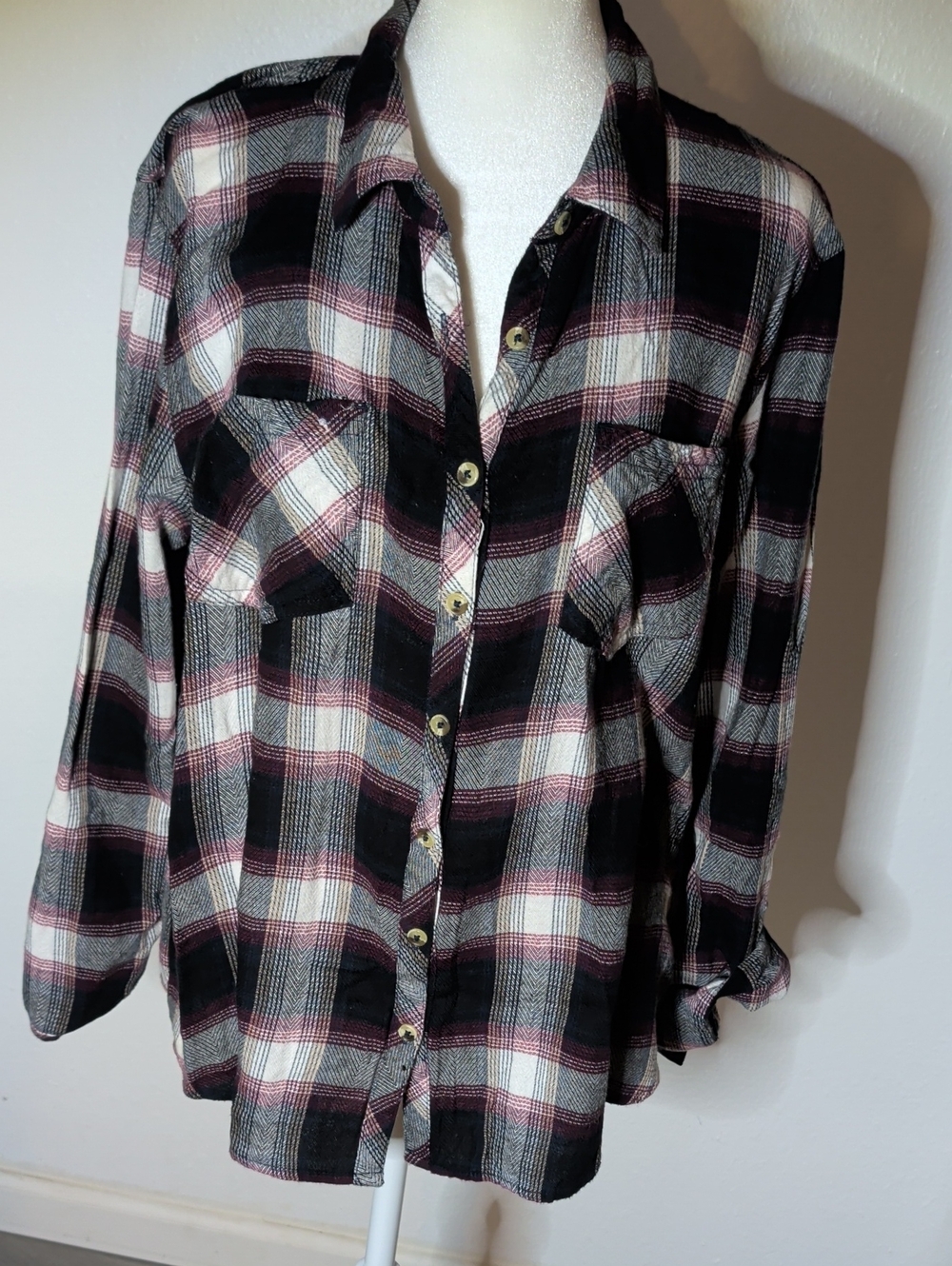 Maurices Plaid Shirt in Black, White & Burgundy